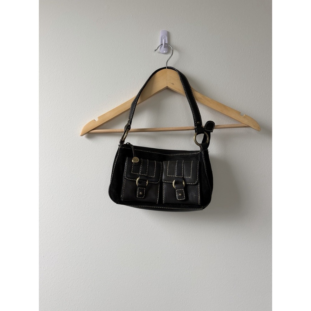 Vintage Chaps Black Shoulder Bag Y2K Faux Leather Suede Buckle Pocket Purse